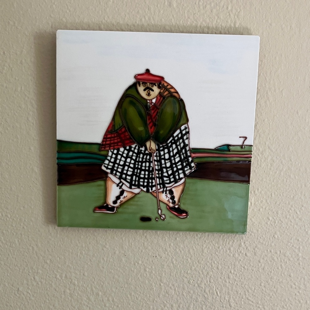 Earth Art hand crafted artisan Green and Red Golfer Ceramic Tile